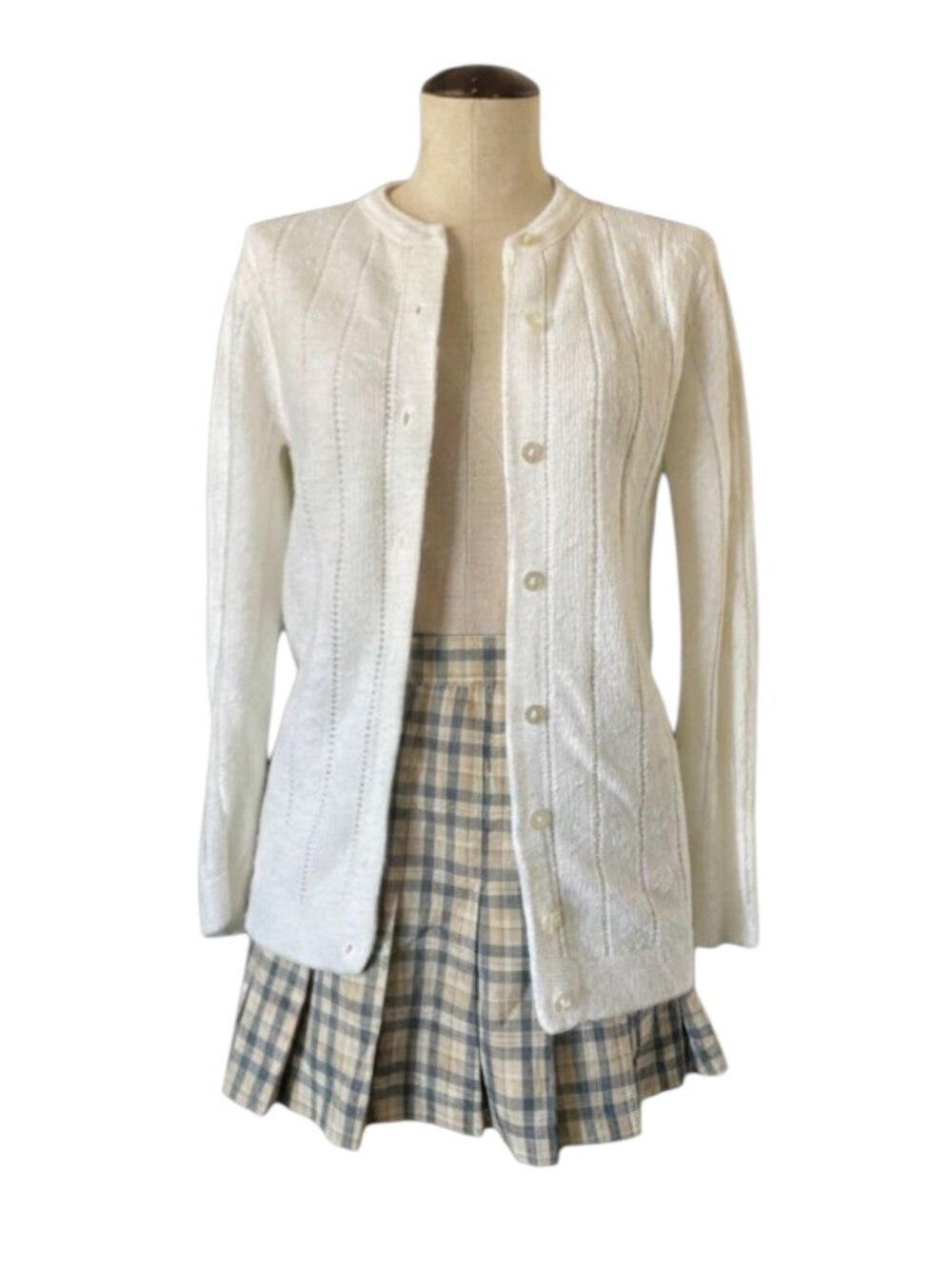Vintage 1960s / 70s White Pointelle Knit Cardigan Sweater - Est. Size S or M